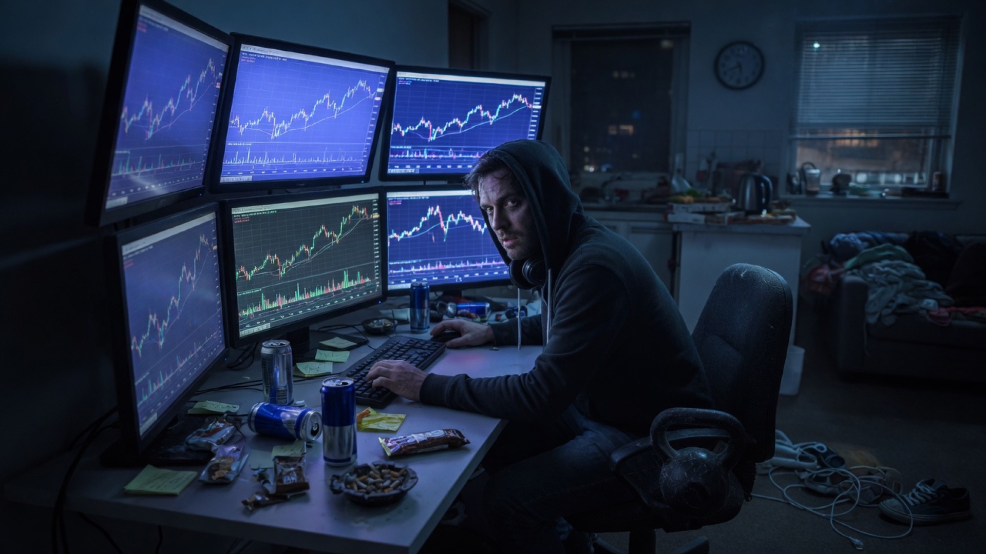 A trader at a desk of monitors at 3am, kettlebell untouched in the corner